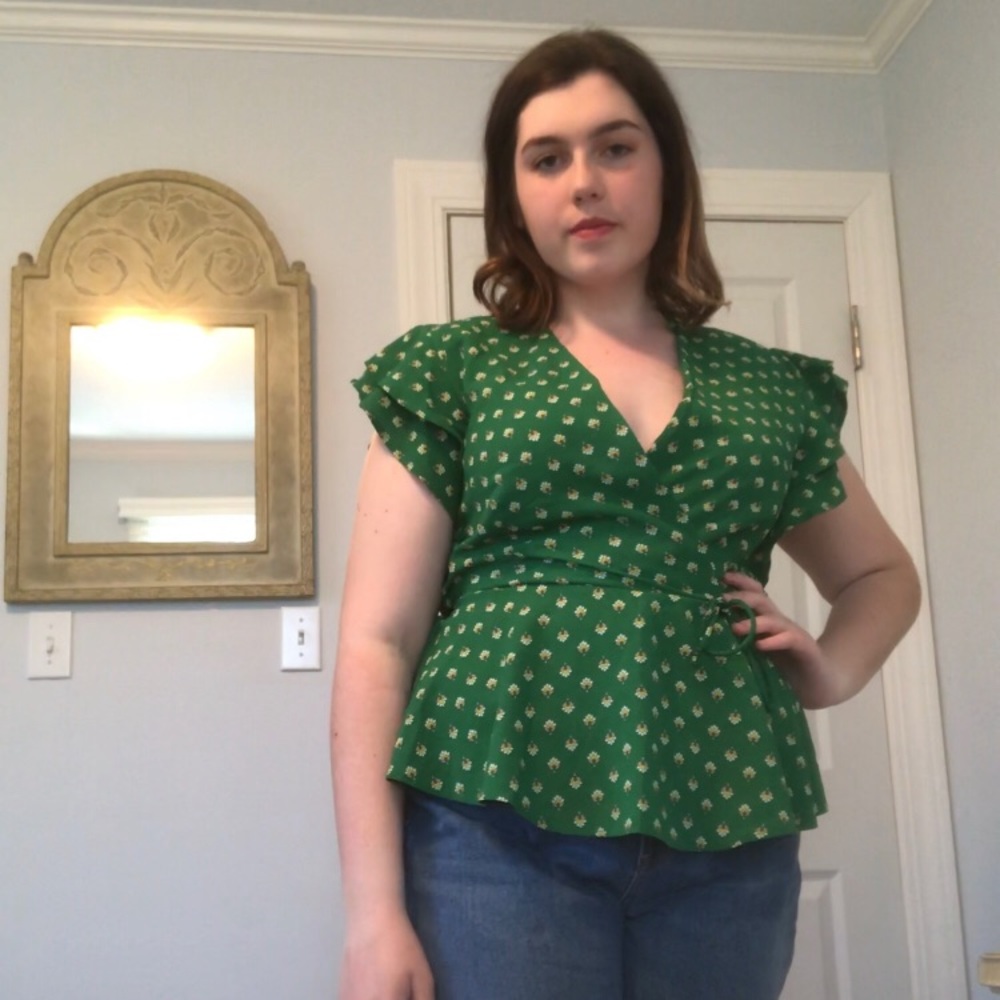 Monteau Green Patterned Peplum Blouse